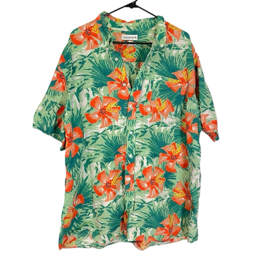 Saddlebred XXLT Green Orange Floral Hawaiian Shirt Cotton Linen Tropical Beach